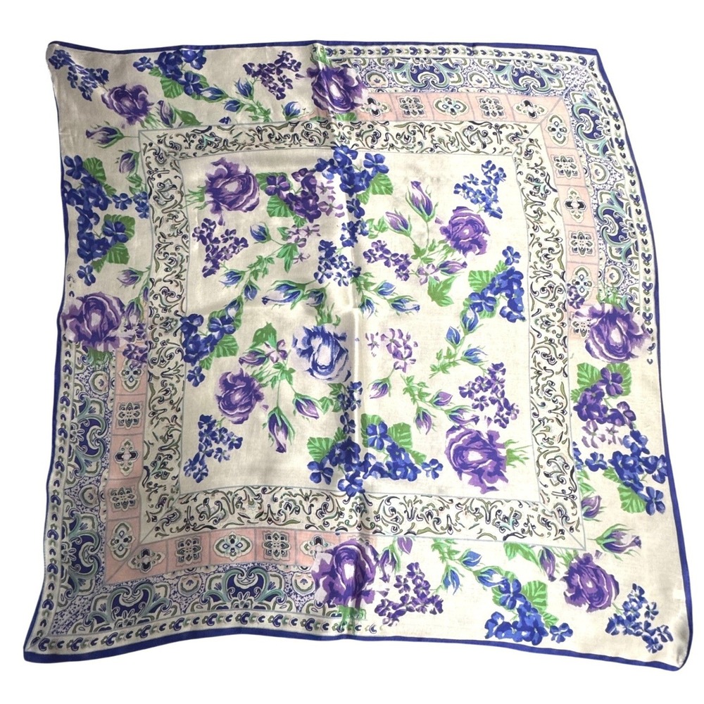 Spring Floral Silk Scarf 34" Square Purple/Pink
